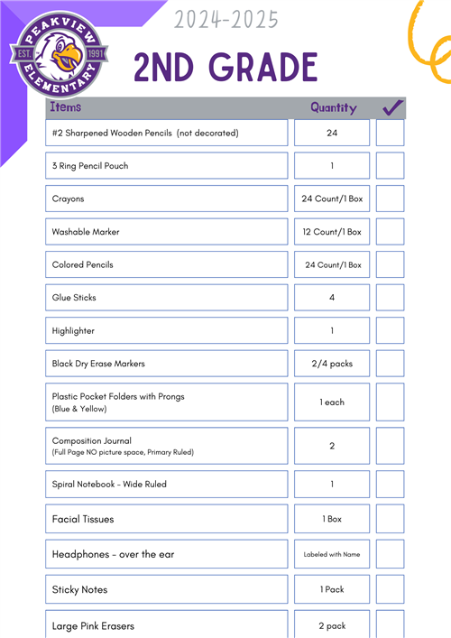 2nd Grade Supply List 